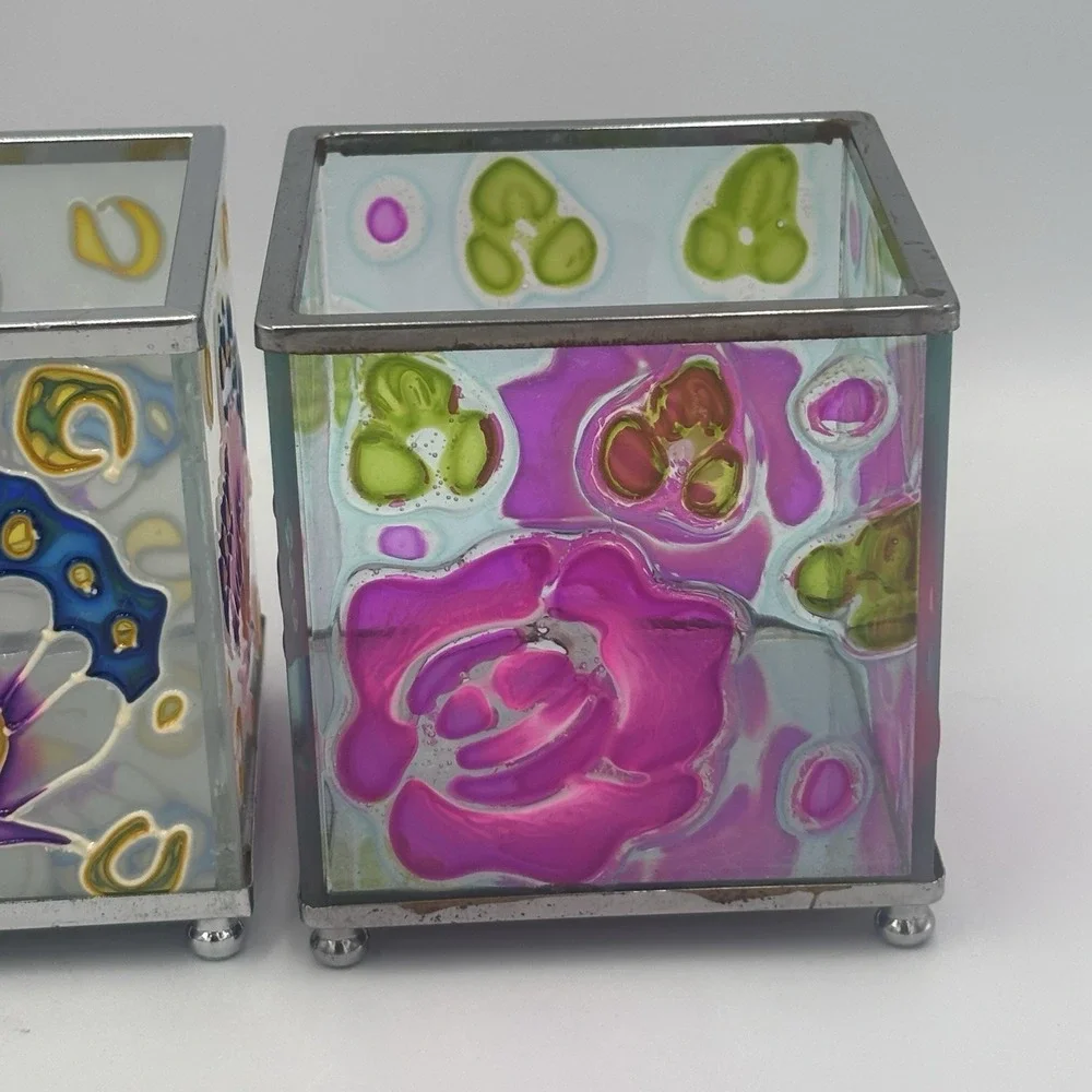 Vintage Floral Butterfly Faux-Stained Glass Candle Votive Holder 3